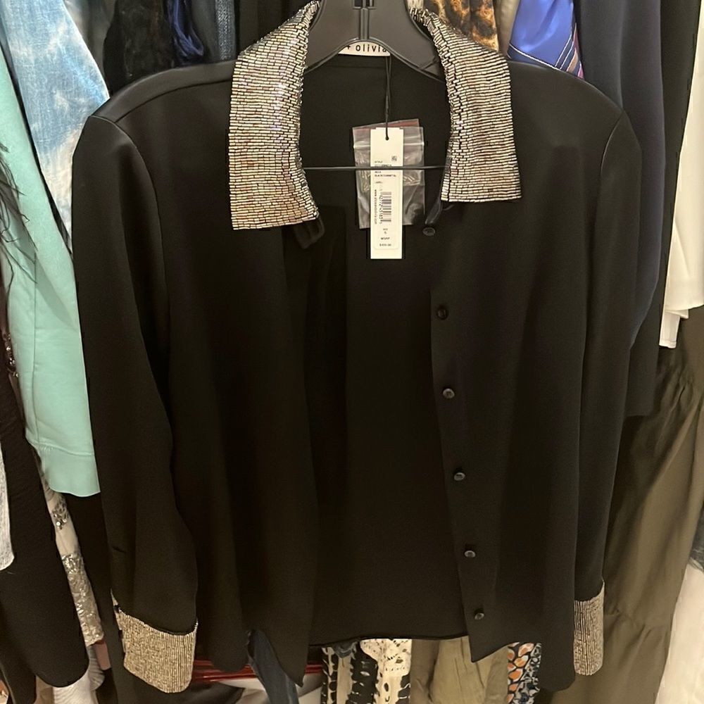 Alice & Olivia black silk blouse with gunmetal bead accents sz S NWT
